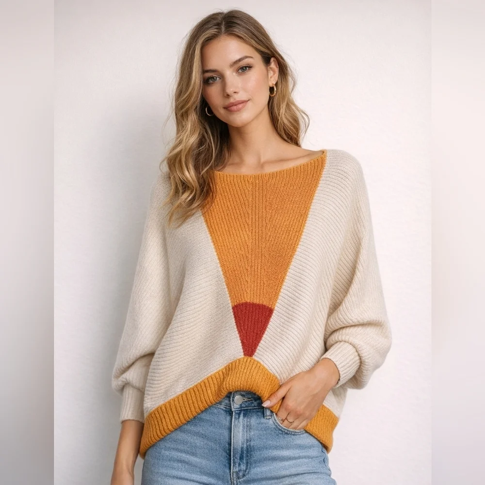 Jil Sander Cream, Orange, and Yellow Colorblock Dolman Sleeve Sweater M/L